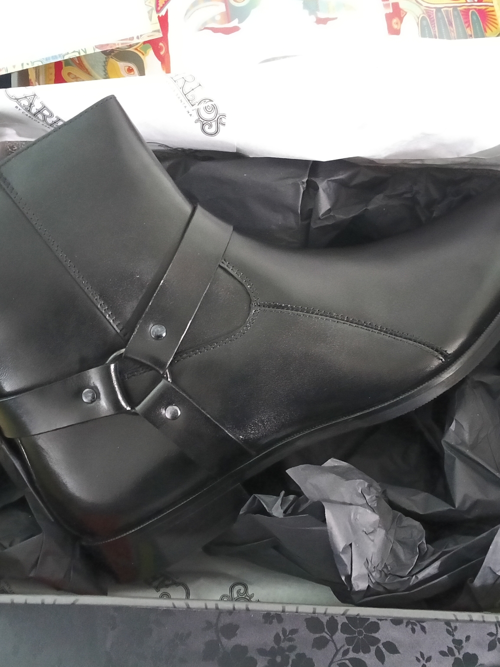 Carlos Santana Black Leather Harness Ankle Boots